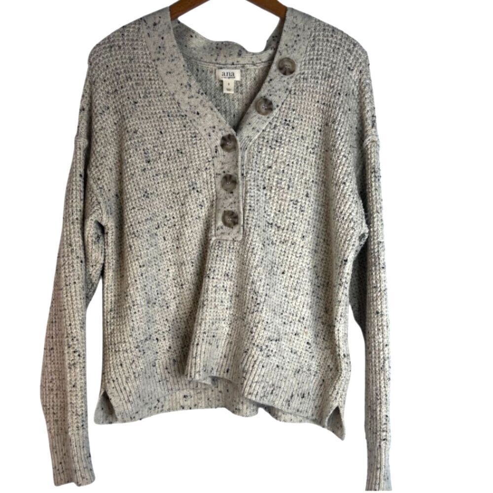 ANA A New Approach Mottled Knit Vneck Button Detail Fisherman Sweater Size Small